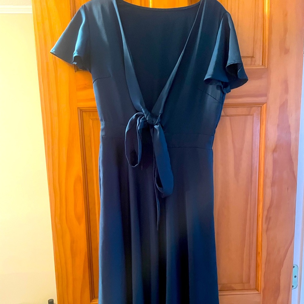Satin midi front tie teal color short sleeve cocktail dress (size small)